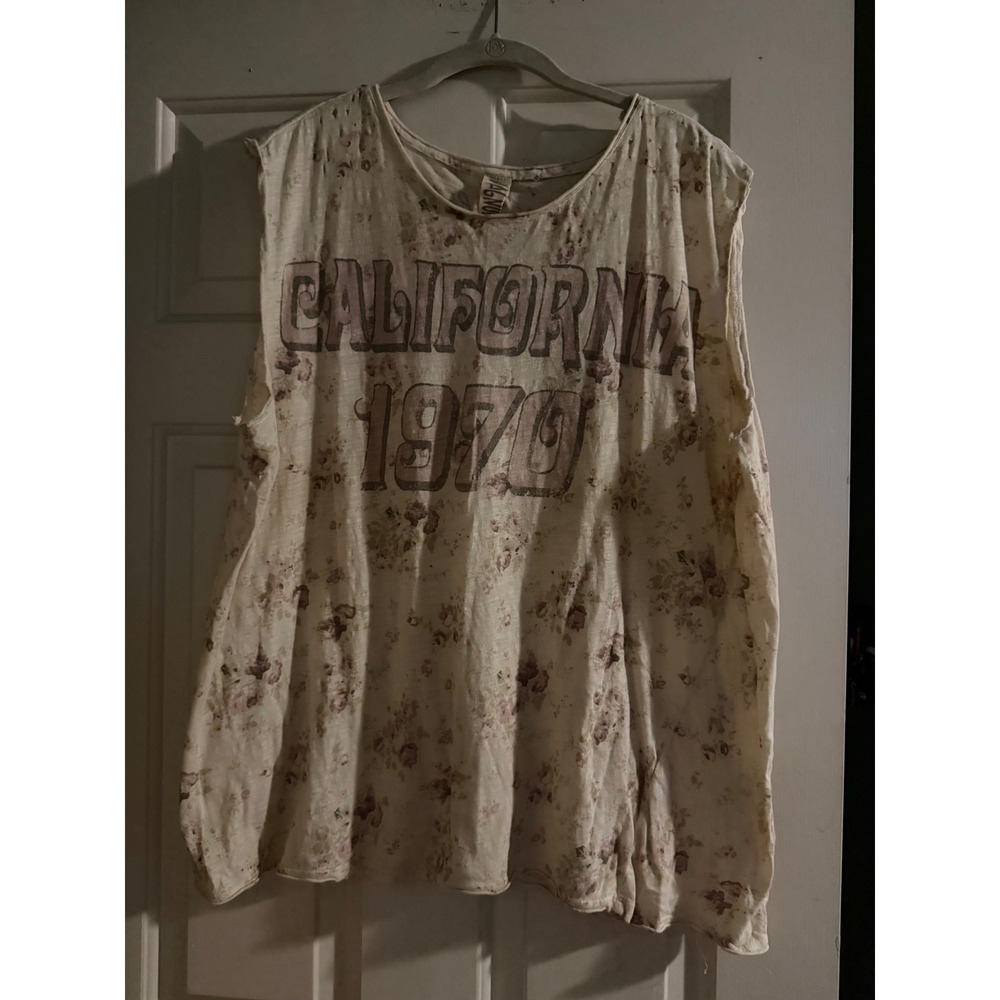 Magnolia Pearl California 1970 Floral Muscle Tank Top Oversized Distressed Cream